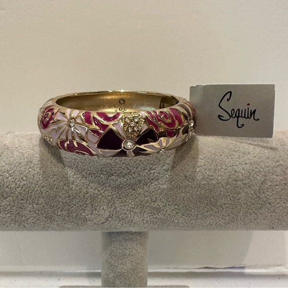 NWT Sequin by Nordstrom Clamper Bracelet-gold tone Floral print in pink & purple - Picture 8 of 14